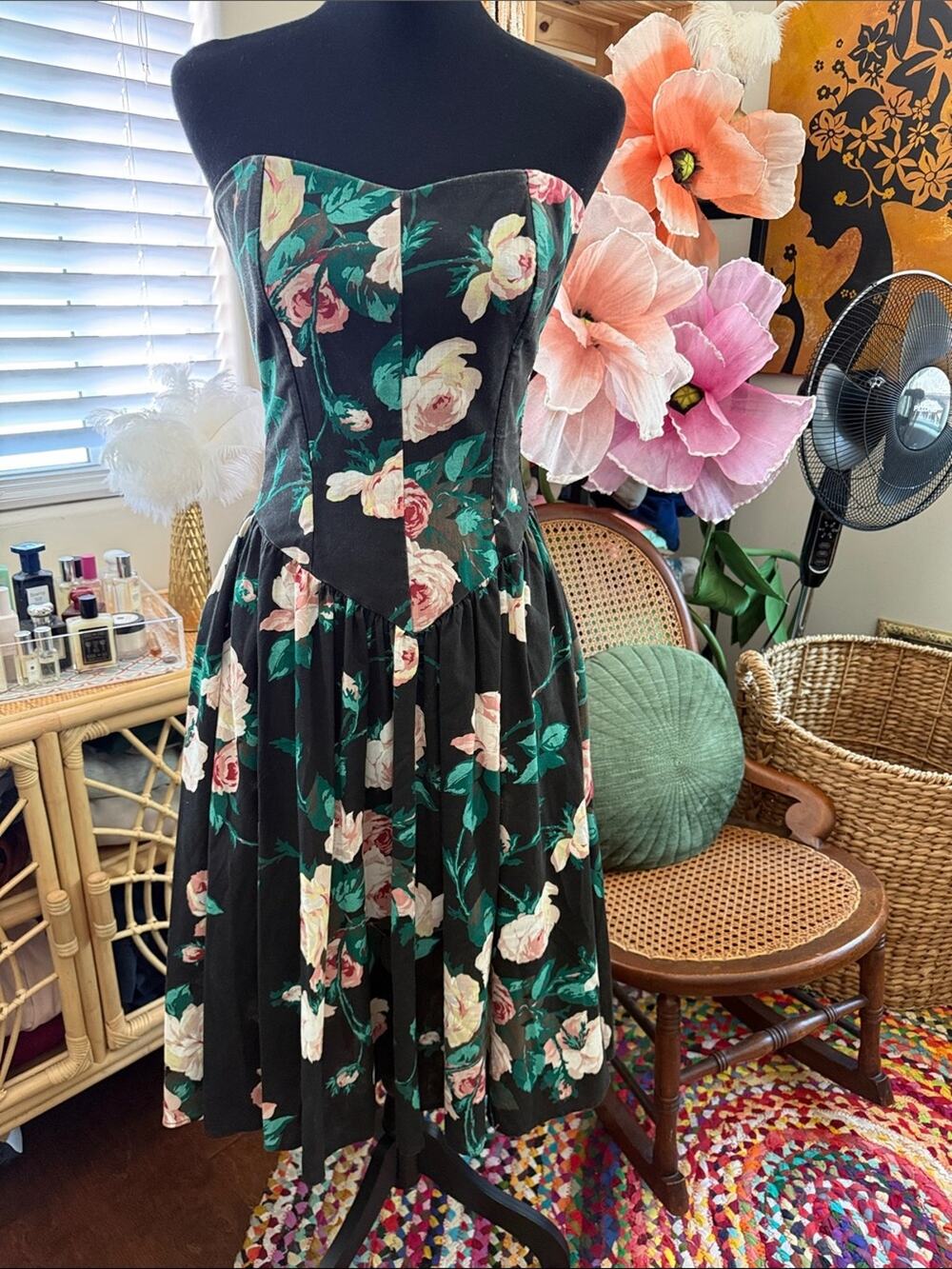 Vintage 80s Katie Union Made Dark Floral Drop Waist Boho Cottage Strapless Dress